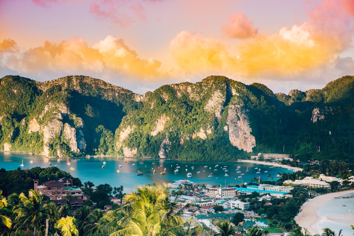 Thailand tropical bay and limestone cliffs